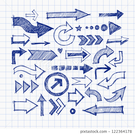 Collcetion of hand-drawn with blue pen doodle sketch arrows in various styles and directions, sketched with a rough, artistic feel on lined paper background 122364178