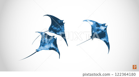 Minimalist ink painting of three blue manta rays on white background in sumi-e style. Hieroglyph - happiness. Minimalist ink painting of three blue manta rays on white background in sumi-e style. Hieroglyph - happiness. 122364180