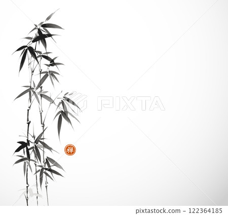 Ink painting of bamboo tree on white background. Traditional oriental ink painting sumi-e, u-sin, go-hua. Translation of hieroglyph - zen 122364185