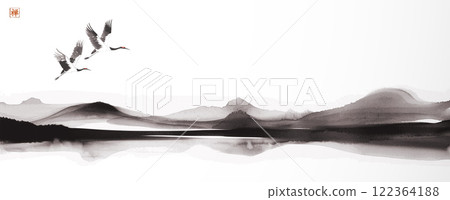 Cranes flying over a calm lake with mountains in the background. Traditional oriental ink painting sumi-e, u-sin, go-hua. Translation of hieroglyph - zen 122364188