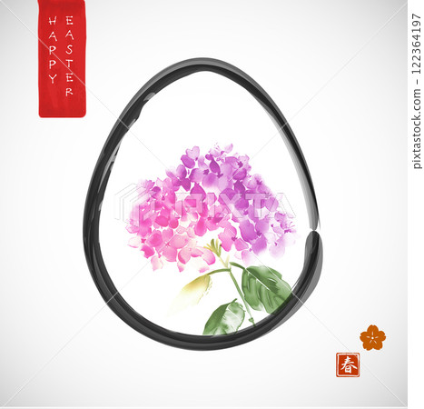 Minimalist easter greeting card in japanese ink painting style with pink hydrangea flowers in egg. Traditional Japanese ink wash painting sumi-e. Hieroglyph - spring Minimalist easter greeting card in japanese ink painting style with pink hydrangea flowers in egg. Traditional Japanese ink wash painting sumi-e. Hieroglyph - spring 122364197