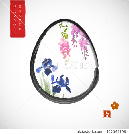 Minimalist easter greeting card in japanese ink painting style with iris and visteria flowers in egg. Traditional Japanese ink wash painting sumi-e. Hieroglyph - spring Minimalist easter greeting card in japanese ink painting style with iris and visteria flowers in egg. Traditional Japanese ink wash painting sumi-e. Hieroglyph - spring 122364198