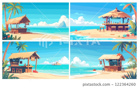 Tiki bar landscape. Cartoon tropical beach with wooden hut cocktails. Palm trees ocean tropical paradise setting vector illustration Tiki bar landscape. Cartoon tropical beach with wooden hut cocktails. Palm trees ocean tropical paradise setting vector illustration 122364260