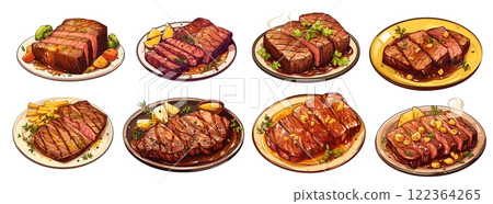 Steak dish. Grilled beef meat on plate with fresh vegetables potatoes garnish, fried food, cookery menu vector illustration Steak dish. Grilled beef meat on plate with fresh vegetables potatoes garnish, fried food, cookery menu vector illustration 122364265
