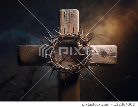 Wooden cross adorned with a thorny crown. Easter conceptual background 122364308