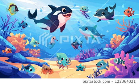 Marine life. Cartoon underwater world with dolphin whale shark fish jellyfish octopus coral reefs, sea creatures vector illustration 122364321