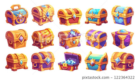Magic game chest. Cartoon golden treasure box gems, fantasy game rewards, wooden treasure case set vector illustration Magic game chest. Cartoon golden treasure box gems, fantasy game rewards, wooden treasure case set vector illustration 122364322
