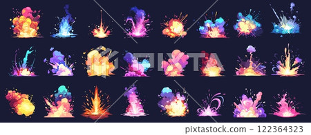 Magic explosions. Cartoon colorful boom effect with glowing energy, fantasy games, comic flash powerful attack set vector illustration 122364323