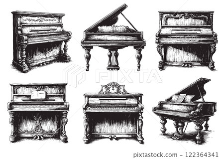 Hand drawn piano. Sketch grand piano in retro style, classical acoustic musical orchestra instruments equipment engraving set vector illustration 122364341