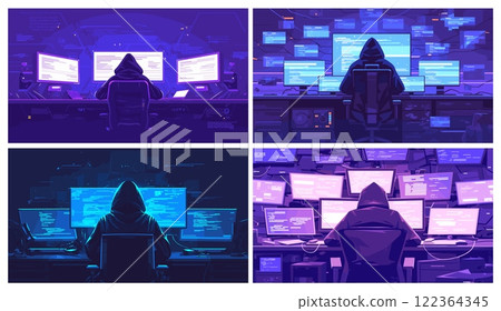 Hacker. Anonymous cyber thief attack information systems, surrounded by computer screens, digital crime danger vector illustration 122364345