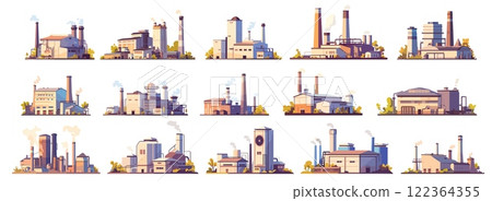 Factory buildings. Flat industrial power stations with smoking chimneys, plant manufacture, atmosphere pollution set vector illustration 122364355