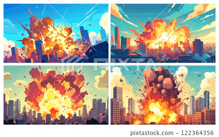 Explosion in city. Urban landscape bomb fire smoke cloud, terror war weapon nuclear bomb damage vector illustration 122364356