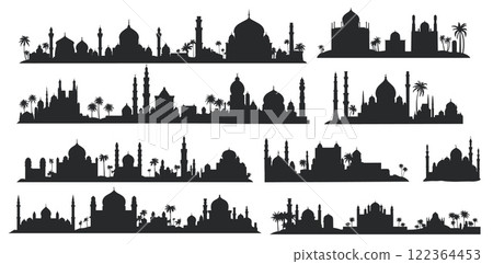 Arabic cityscape silhouettes. Islamic traditional architecture, muslim mosque tower dome castle minaret vector illustration 122364453