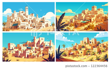 Ancient city. Historic arabian town traditional architecture, houses and market in desert landscape panorama vector illustration 122364456