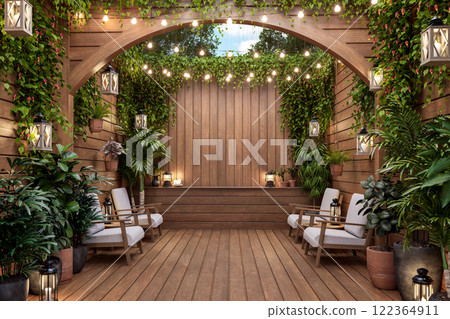Modern contemporary wooden terrace with a curved arch decorated with string lights, and vintage lanterns 3d render Modern contemporary wooden terrace with a curved arch decorated with string lights, and vintage lanterns 3d render 122364911