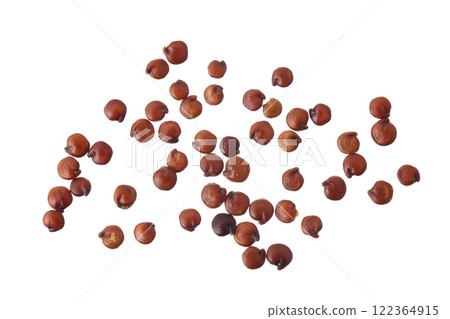 red quinoa seeds isolated on white background. Top view. Flat lay red quinoa seeds isolated on white background. Top view. Flat lay 122364915