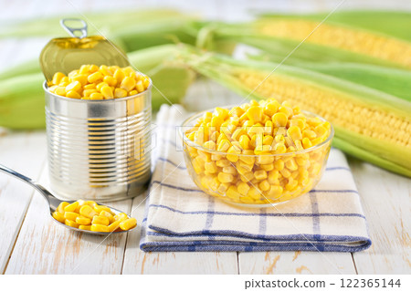 Canned sweet corn kernels in a transparent bowl on a white table, selective focus. Canned sweet corn kernels in a transparent bowl on a white table, selective focus. 122365144