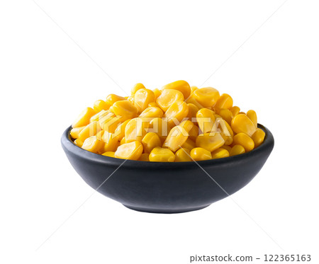 Black ceramic bowl of sweet corn kernels isolated on white background. Black ceramic bowl of sweet corn kernels isolated on white background. 122365163