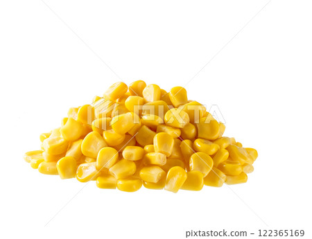 Boiled corn kernels pile isolated on white background. Boiled corn kernels pile isolated on white background. 122365169