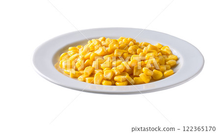 White ceramic bowl with canned food maize isolated on white background. 122365170