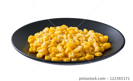 Black ceramic bowl with canned food maize isolated on white background. Black ceramic bowl with canned food maize isolated on white background. 122365171