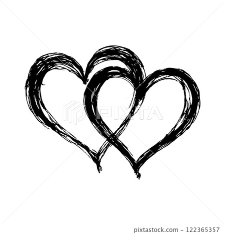 Two rough, black brushstroke hearts intertwined, set against a clean white background. Symbol of love, unity, and romance. Valentine's day illustration. Two rough, black brushstroke hearts intertwined, set against a clean white background. Symbol of love, unity, and romance. Valentine's day illustration. 122365357