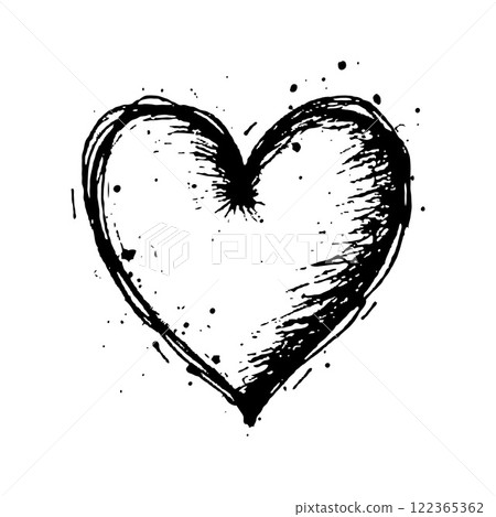 Black ink hand-drawn heart with scattered splatters, on a clean white background, emphasizing love, creativity, and simplicity. Valentine's day illustration. Black ink hand-drawn heart with scattered splatters, on a clean white background, emphasizing love, creativity, and simplicity. Valentine's day illustration. 122365362