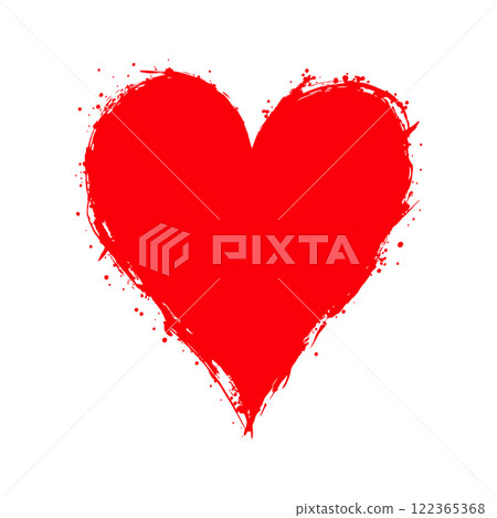 Bright red heart with artistic splatter detailing, painted style, isolated on a white background, symbolizing love and creativity. Valentine's day illustration. 122365368