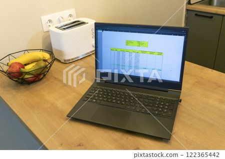 Laptop on the kitchen counter top with an excel sheet on computer screen showing bank loan amortization table. Laptop on the kitchen counter top with an excel sheet on computer screen showing bank loan amortization table. 122365442
