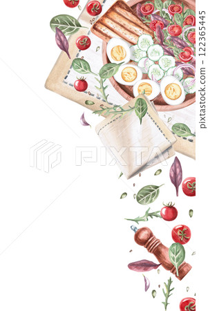 Vertical rectangular frame with country breakfast. Isolated watercolor illustration on food theme for restaurant menu design, gastronomic magazines and festivals. Vertical rectangular frame with country breakfast. Isolated watercolor illustration on food theme for restaurant menu design, gastronomic magazines and festivals. 122365445