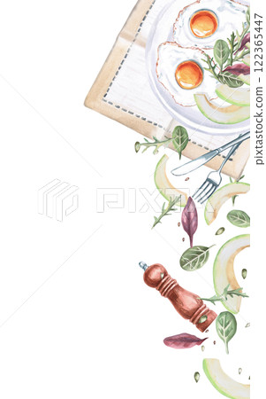 Vertical rectangular frame with served plate with breakfast. Isolated watercolor illustration on breakfast theme for restaurant menu design, gastronomic magazines and festivals. Vertical rectangular frame with served plate with breakfast. Isolated watercolor illustration on breakfast theme for restaurant menu design, gastronomic magazines and festivals. 122365447
