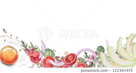 Rectangular frame with fried eggs, avocado, tomatoes and greens. Isolated watercolor illustration in realistic style on the theme of food for restaurant menus, gastronomic magazines and festivals. Rectangular frame with fried eggs, avocado, tomatoes and greens. Isolated watercolor illustration in realistic style on the theme of food for restaurant menus, gastronomic magazines and festivals. 122365455