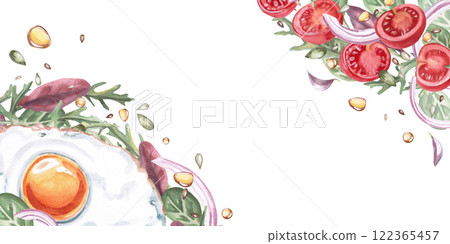 Rectangular frame with fried eggs, tomato slices and greens. Isolated watercolor illustration in realistic style on the theme of food for restaurant menus, gastronomic magazines and festivals. 122365457