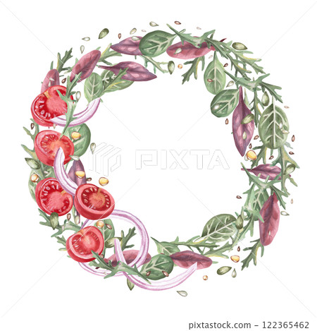 Round frame with tomatoes and greens. Isolated watercolor illustration in realistic style on the theme of food for restaurant menu design, gastronomic magazines and festivals. Round frame with tomatoes and greens. Isolated watercolor illustration in realistic style on the theme of food for restaurant menu design, gastronomic magazines and festivals. 122365462