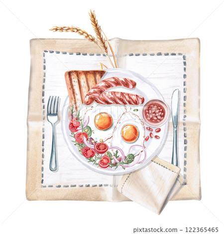 Breakfast served on a napkin. Isolated watercolor illustration on food theme for restaurant menu design, gastronomic magazines and festivals. Breakfast served on a napkin. Isolated watercolor illustration on food theme for restaurant menu design, gastronomic magazines and festivals. 122365465