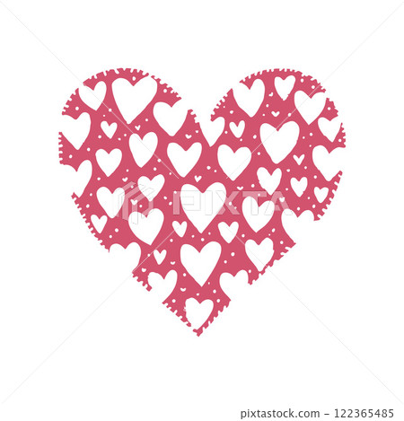 Pink heart shape made of smaller white and pink hearts, textured edges, set on a white background, symbolizing love and affection. Valentine's day, wedding illustration. 122365485