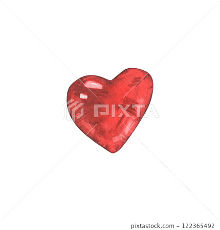 Watercolor illustration of a red heart, symbolizing love and affection. In the style of the 80s, 90s. This hand-draw is ideal for Valentine's Day projects, romantic designs, or wedding decor. 122365492