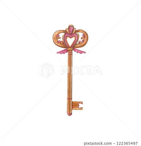 Watercolor illustration of a golden key with a heart-shaped design and pink accents. Antique key. Adornment of lovers. Ideal for romantic themes, wedding invitations, Valentines Day projects. Watercolor illustration of a golden key with a heart-shaped design and pink accents. Antique key. Adornment of lovers. Ideal for romantic themes, wedding invitations, Valentines Day projects. 122365497