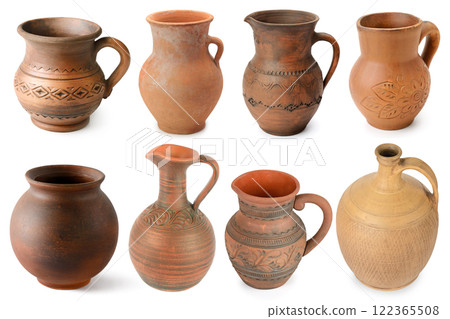 Set clay and ceramic jugs isolated on white Set clay and ceramic jugs isolated on white 122365508