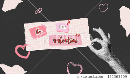 Valentine's Day Banner.Collage elements for-be my valentine-cut from paper with halftone effect.Retro.Grunge texture.Trendy vintage sticker for card, background.Perfect for promotions. 122365509