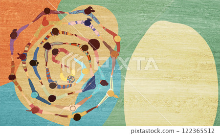 People group in circle from diverse culture holding hands.Teamwork and cooperation.Community of friends or volunteers committed to social issues for peace and the environment.Top view 122365512