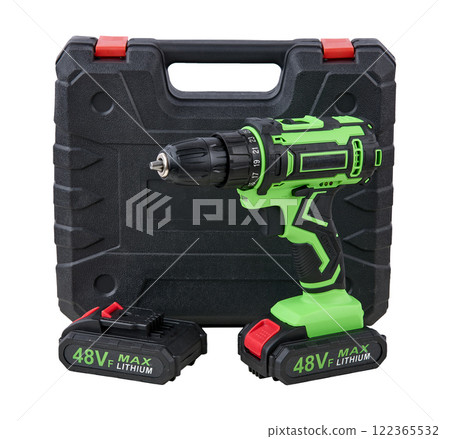 Cordless Electric Drill with 48V Lithium Battery Isolated on White Background Cordless Electric Drill with 48V Lithium Battery Isolated on White Background 122365532