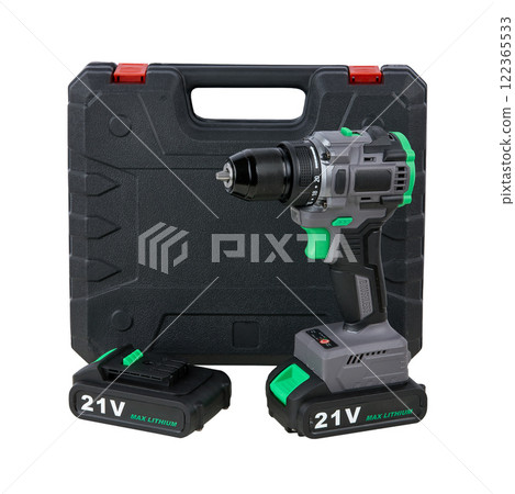 Cordless Electric Drill with 21V Lithium Battery Isolated on White Background Cordless Electric Drill with 21V Lithium Battery Isolated on White Background 122365533