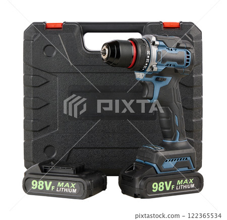 Cordless Electric Drill with 98V Lithium Battery Isolated on White Background Cordless Electric Drill with 98V Lithium Battery Isolated on White Background 122365534