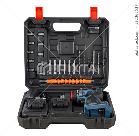 Cordless Electric Drill with 98V Lithium Battery Isolated on White Background 122365537