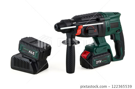 21V Cordless Rotary Hammer Drill with Lithium Battery Set on White Background 21V Cordless Rotary Hammer Drill with Lithium Battery Set on White Background 122365539