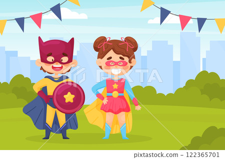 Happy Kid Superhero Wearing Colorful Costume Vector Illustration 122365701