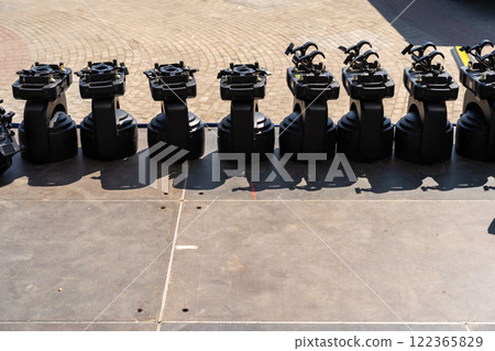 Concert lighting equipment awaits installation on stage Concert lighting equipment awaits installation on stage 122365829
