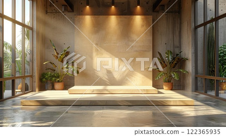 Modern minimalistic interior design featuring a wooden stage and lush greenery in a bright space 122365935