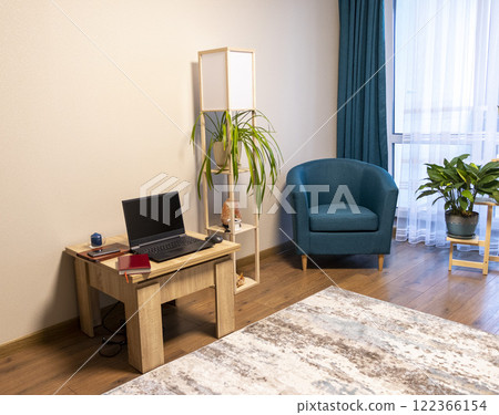 Close up of the cozy corner in the apartment with comfortable arm chair. 122366154